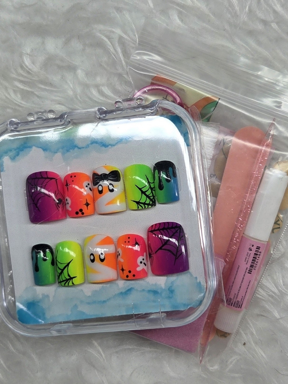 Kids Multicolor Halloween Press-On Nail Kit - Cute Ghost & Spiderweb Designs